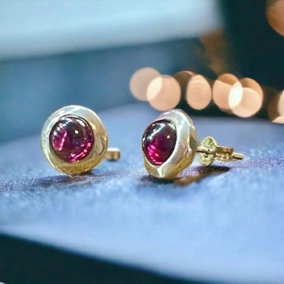 Magenta Garnet Cabochon Sterling Silver Post Earrings - Picture 1 of 6